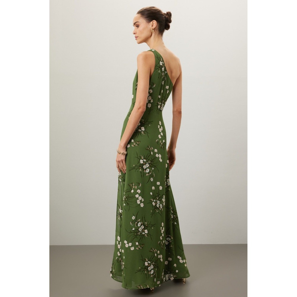 Reformation Dress Size 12 Evelyn Green Floral One Shoulder Maxi Gown ~ FLAWED - Picture 2 of 16